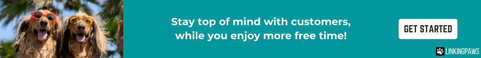 Two adorable dogs promote LinkingPaws pet marketing services to stay top of mind with customers while saving business owners time.
